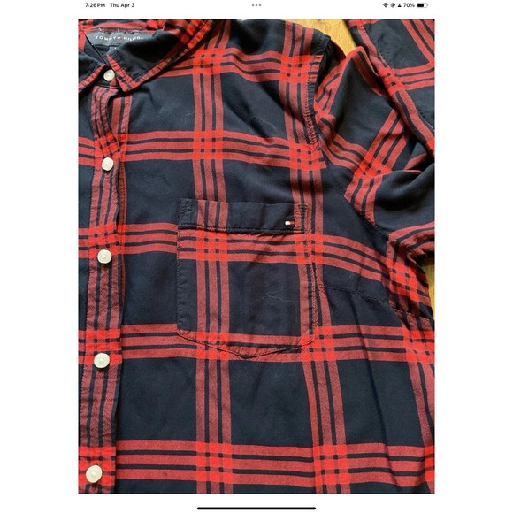 Tommy Hilfiger Womens Button Up Shirt Size Large Red Blue Plaid Roll Tab Sleeve - Picture 3 of 6